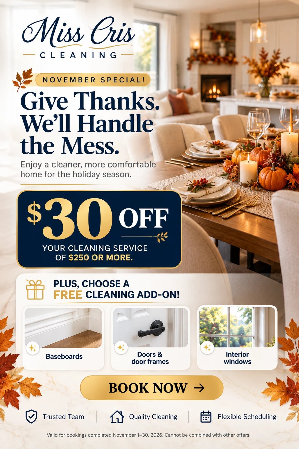November Special: $30 off your cleaning service of $250 or more, plus a free cleaning add-on