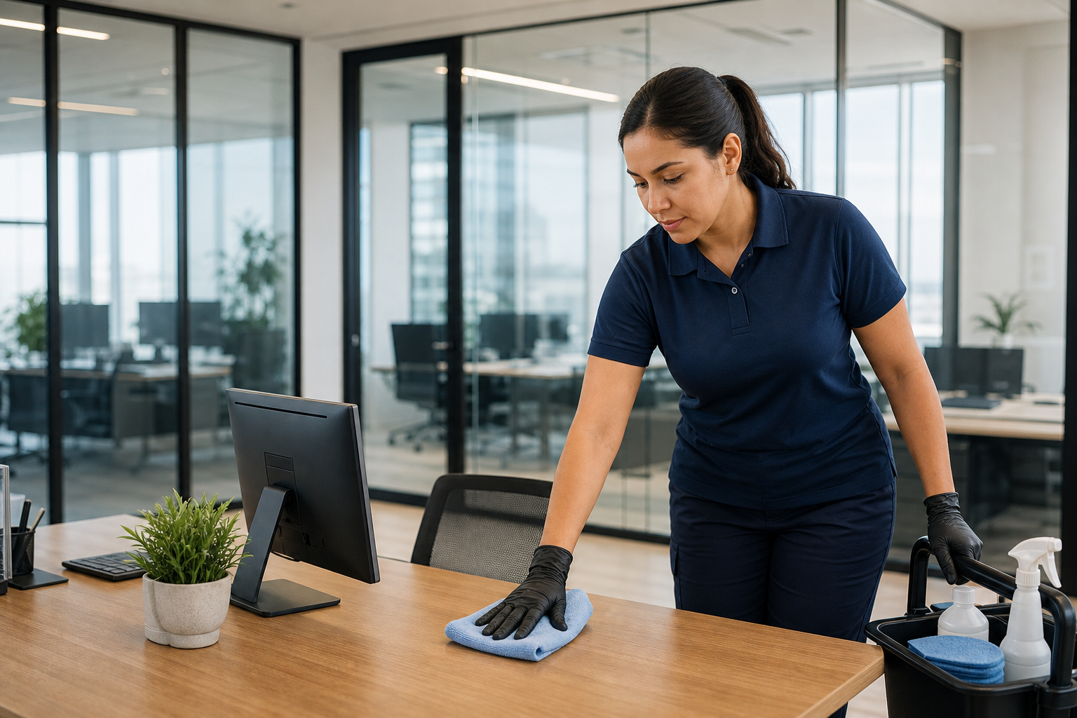 Professional office cleaner carefully wiping a desk